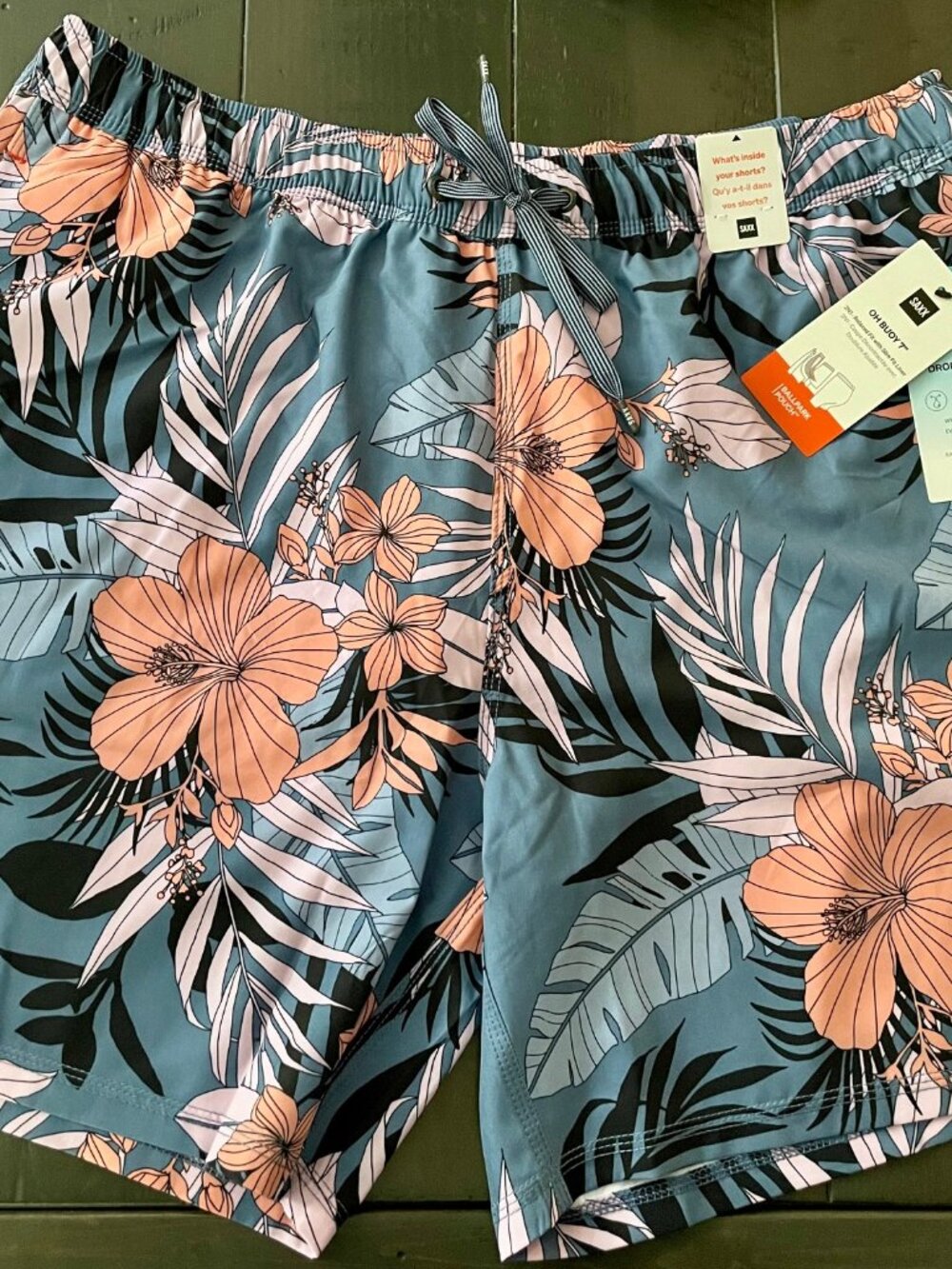 NEW WITH TAGS Saxx Oh Buoy 7" Grey Tropical 2N1 Swim Trunk - Size Large